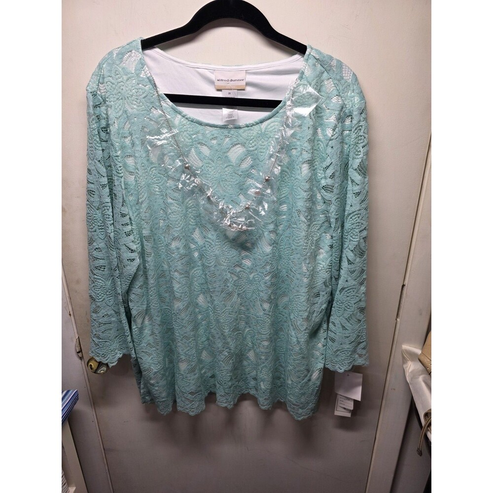 Alfred Dunner Aqua Lace Top 3/4 Sheer Sleeve Size S With Included Necklace